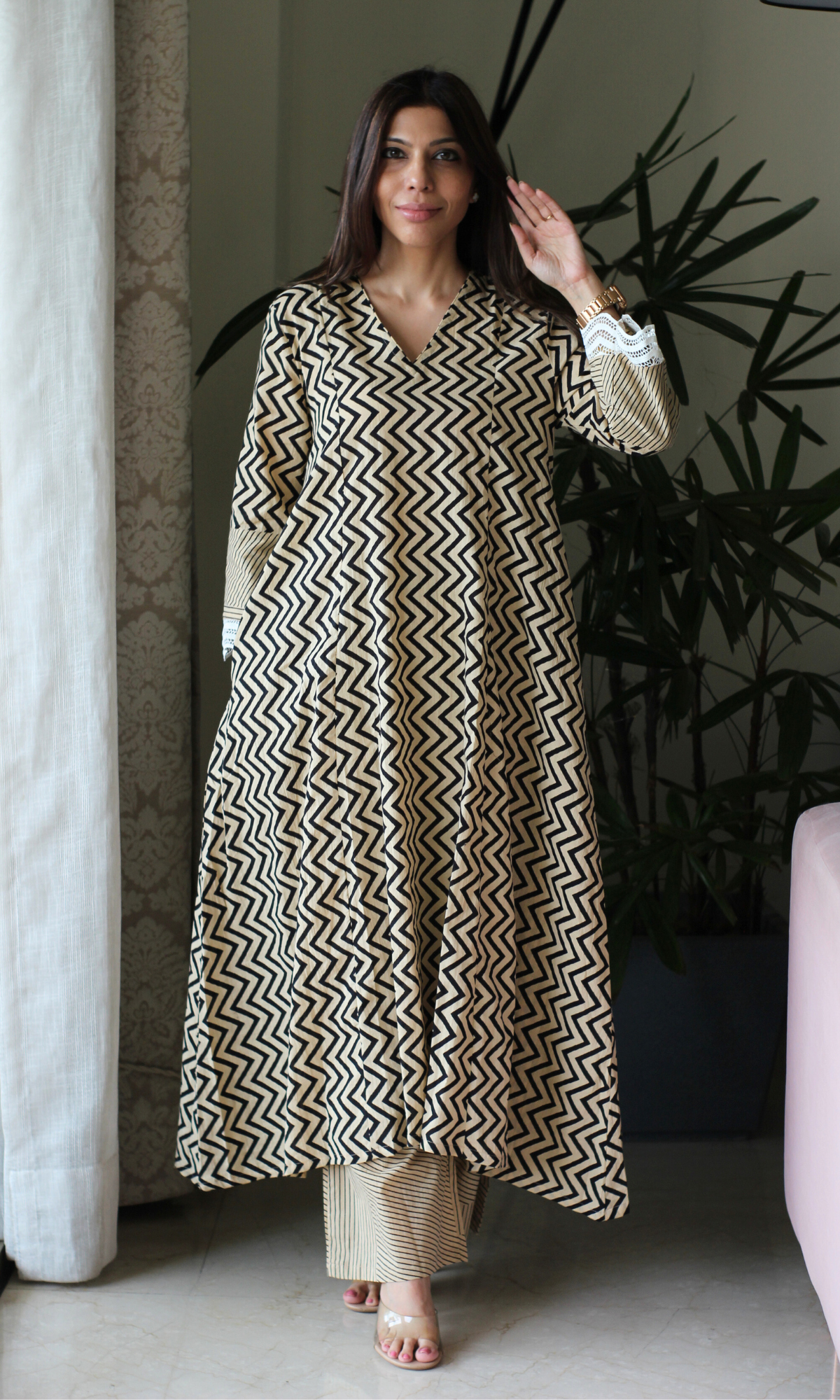 Cotton Handblock Black Zig Zest High Low Kurta & Pallazo