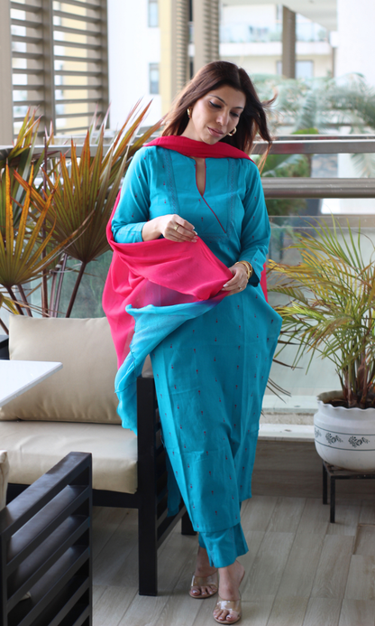 Teal Handloom Cotton Dobby Kurta, Pant & Chiffon Ombre Dupatta