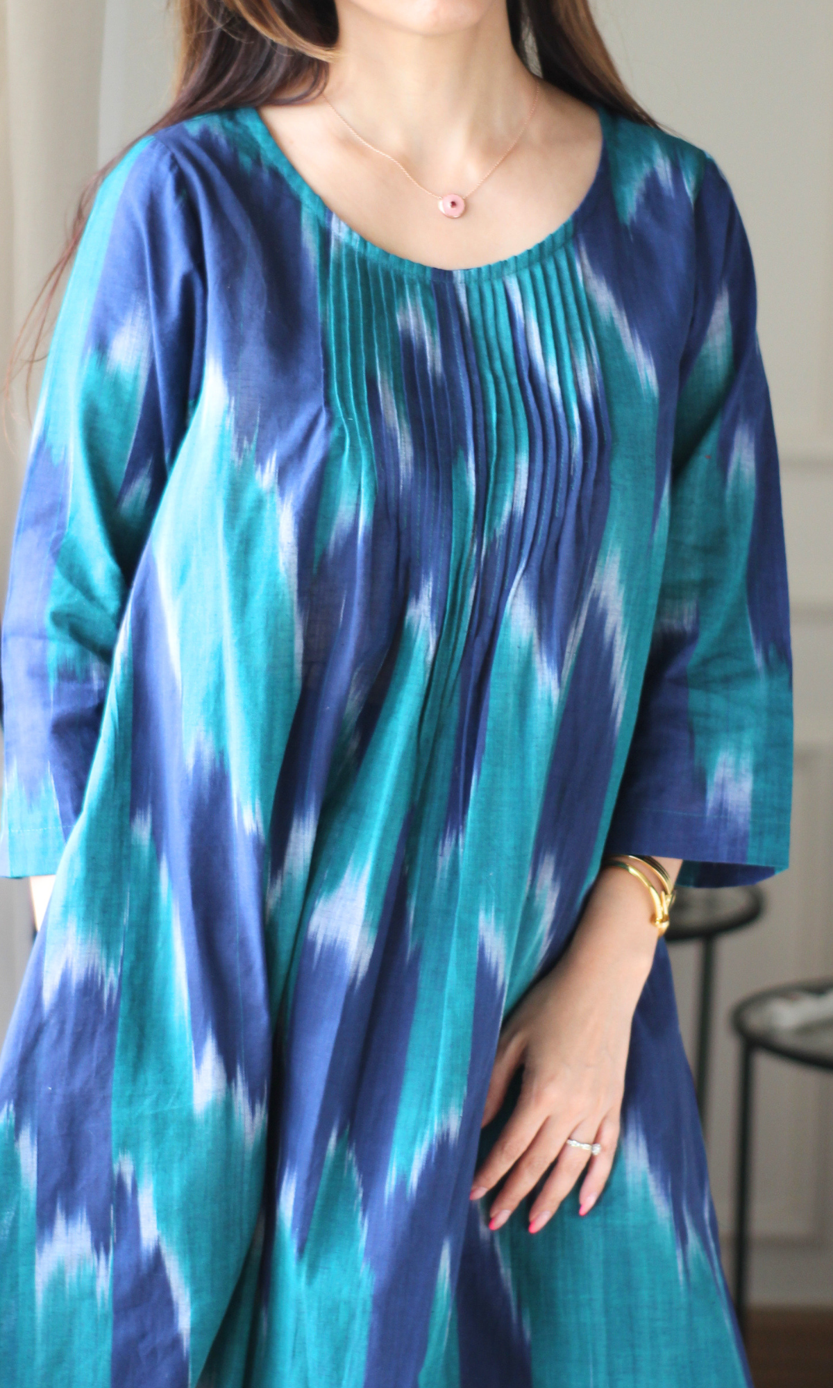 Peacock Cotton Ikat Pleated Kurta & Cotton Pant