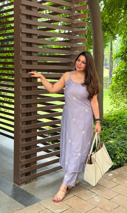 Lavender Embroidered Flower Kurta with Pants