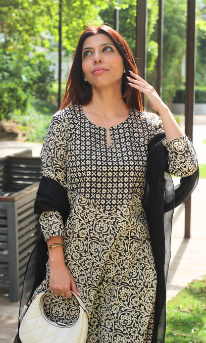 Cotton Handblock Black Bagru Print Suit with Kota Doria Dupatta