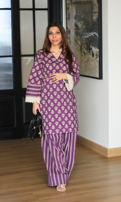 Cotton Berry Booti Print Kurta with Farshi Salwaar