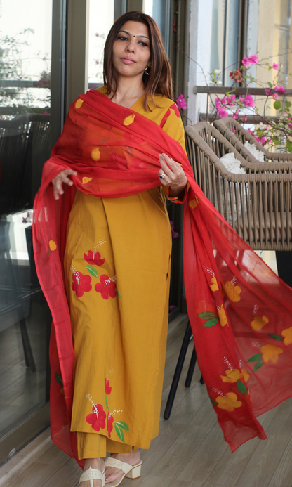 Yellow & Red Handbrush Painted Kurta, Chiffon Handpainted Dupatta & Cotton Pants