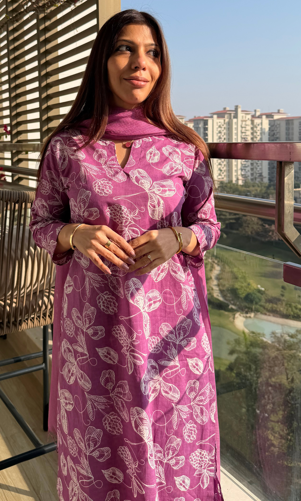 Cotton Mulberry Petal Print Kurta, Pant & Kota Doria Dupatta