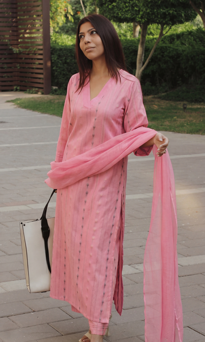 Pink Cotton Lurex Ikkat Print Suit Set with Kota Doria Dupatta