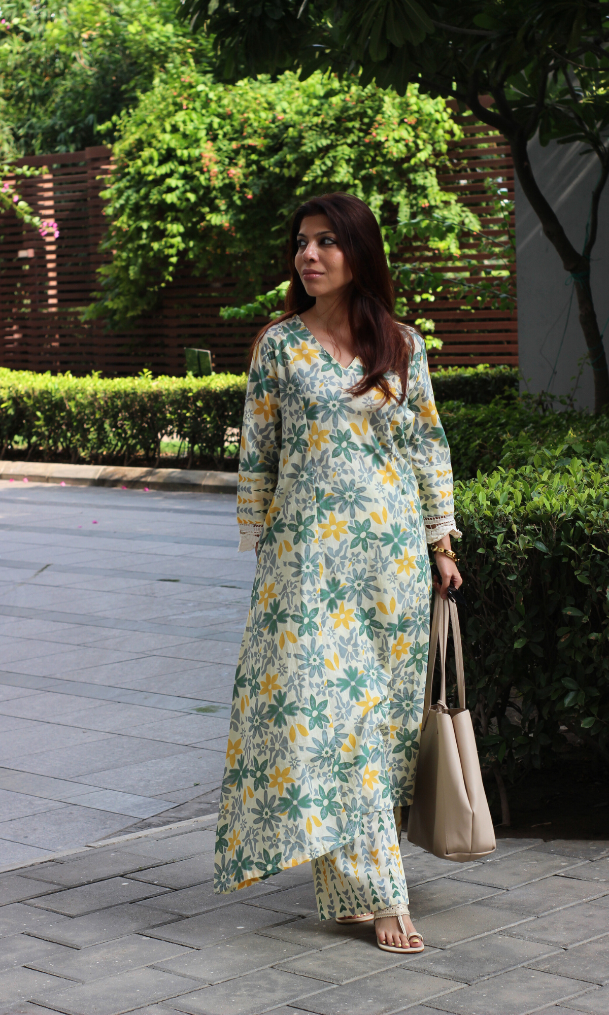 Cotton Beige & Green Floral Haze Printed High Low Kurta & Pant
