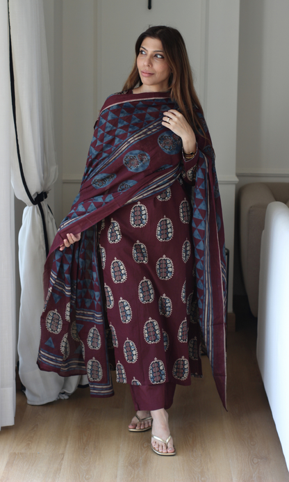 Mahogany Medallion Block Print Cotton Kurta,Dupatta & Pants