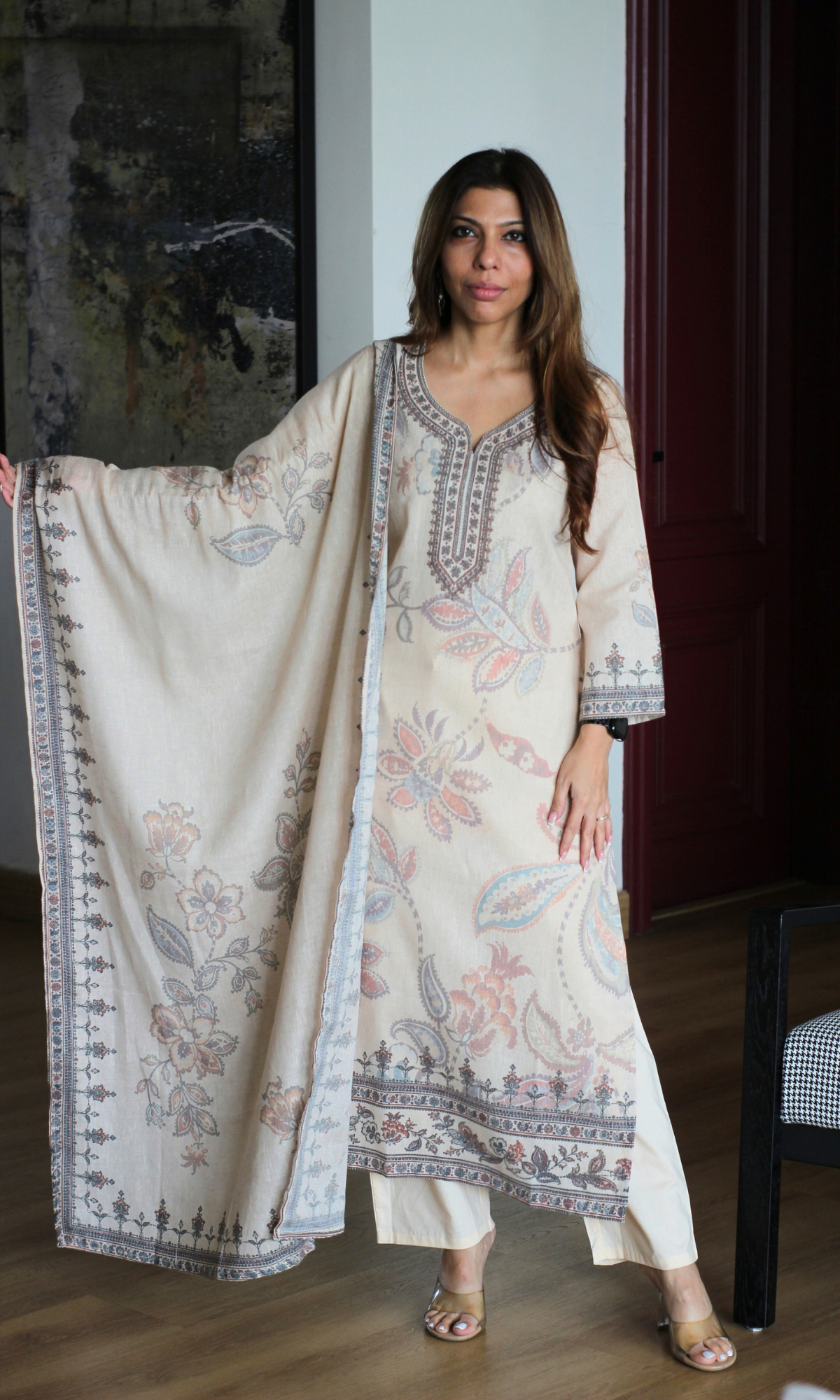 Oatmeal Woven Linen Blend Kurta, Dupatta & Cotton Pants