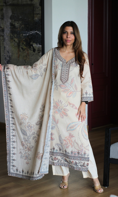 Oatmeal Woven Linen Blend Kurta, Dupatta & Cotton Pants