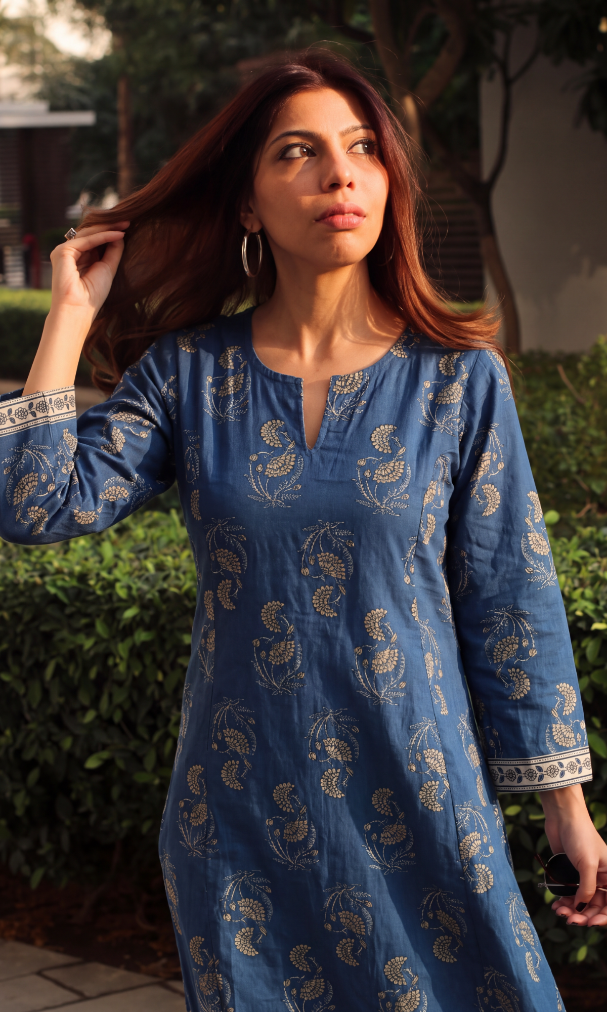 Earthy Blue Mughal Print Kali Kurta