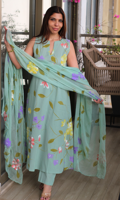 Cotton Mint Blossom Handpainted A line Sleeveless Kurta, Chiffon Handpainted Dupatta & Cotton Pants