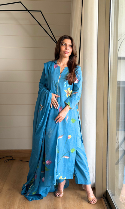 Nile Blue Handbrush Painted Kurta, Cotton Pants & Handpainted Dupatta