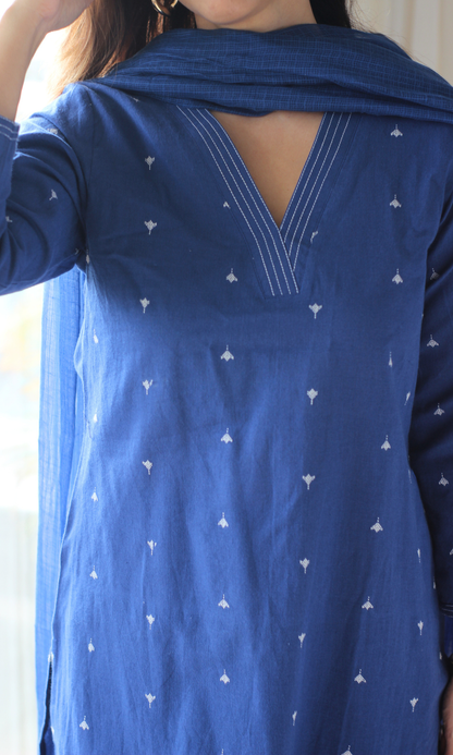 Persian blue Handloom Cotton Dobby Kurta, Pant & Kota Doria Dupatta