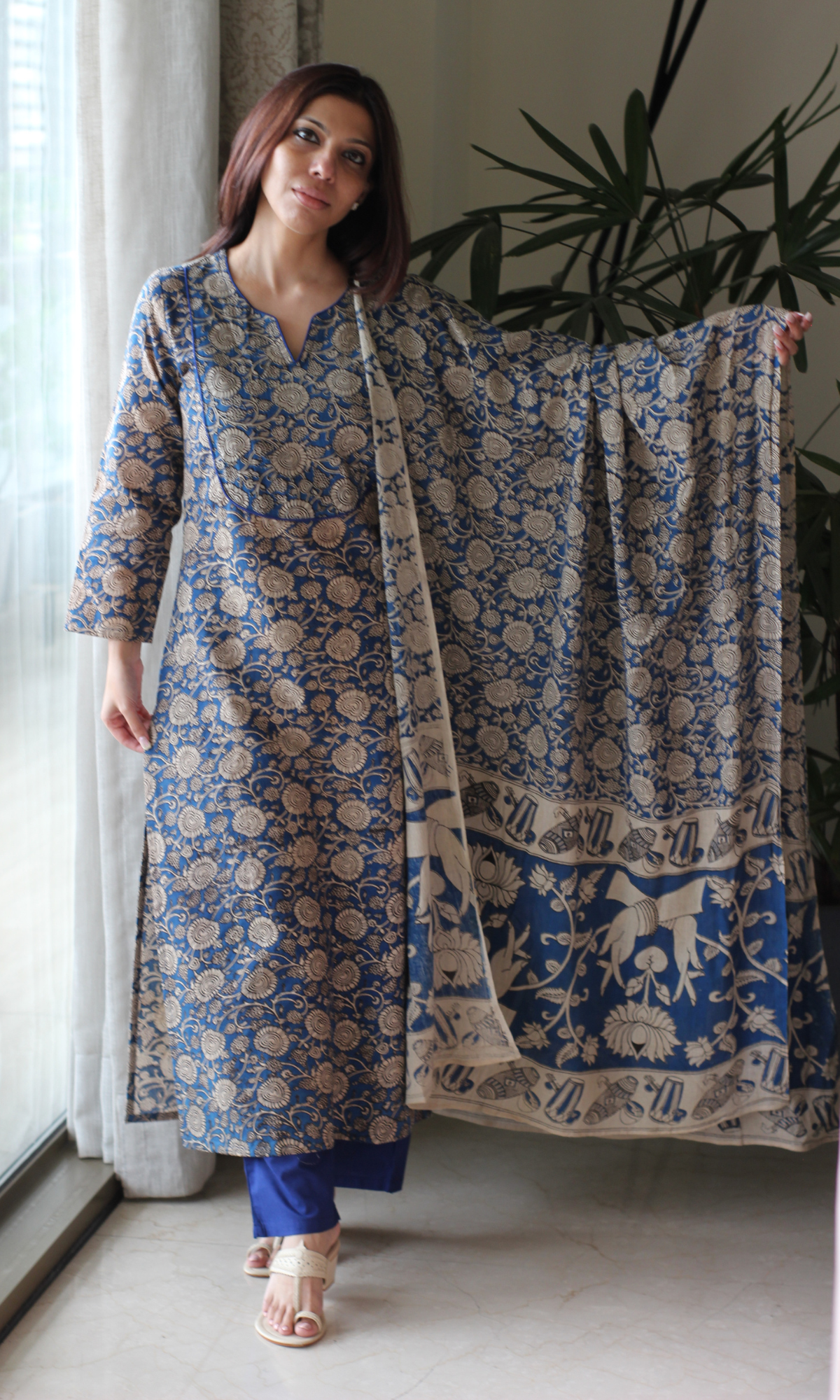 Cotton Neel Handblock Kalamkari Print Kurta, Dupatta & Cotton Pants