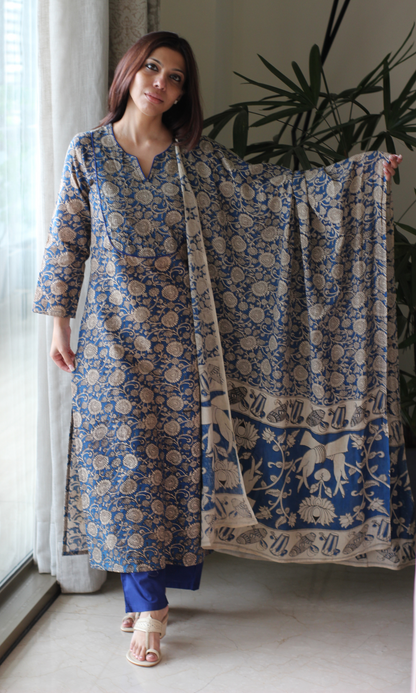Cotton Neel Handblock Kalamkari Print Kurta, Dupatta & Cotton Pants