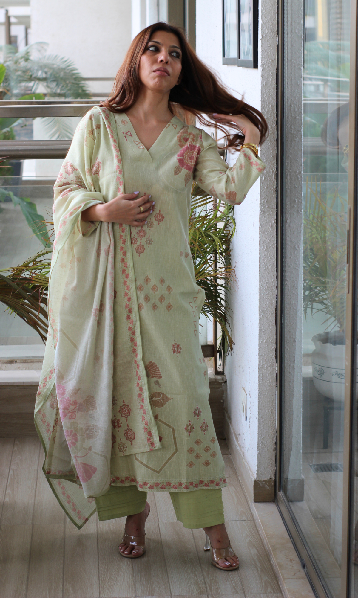 Mint Sand Linen Blend Printed Kurta, Dupatta & Cotton Pants