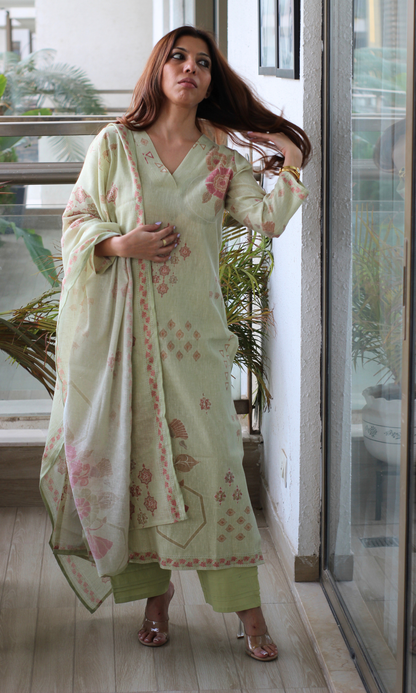 Mint Sand Linen Blend Printed Kurta, Dupatta & Cotton Pants