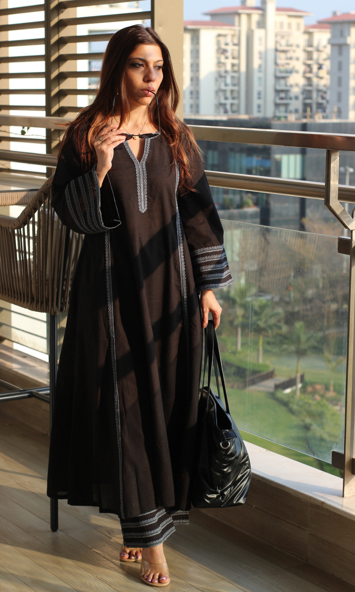 Cotton Slub Black Laced Kali Kurta with Laced Palazzo