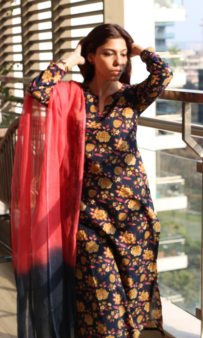 Mehfil Midnight & Pink Block Printed Cotton Kurta, Pant & Ombré Kota Doria Dupatta