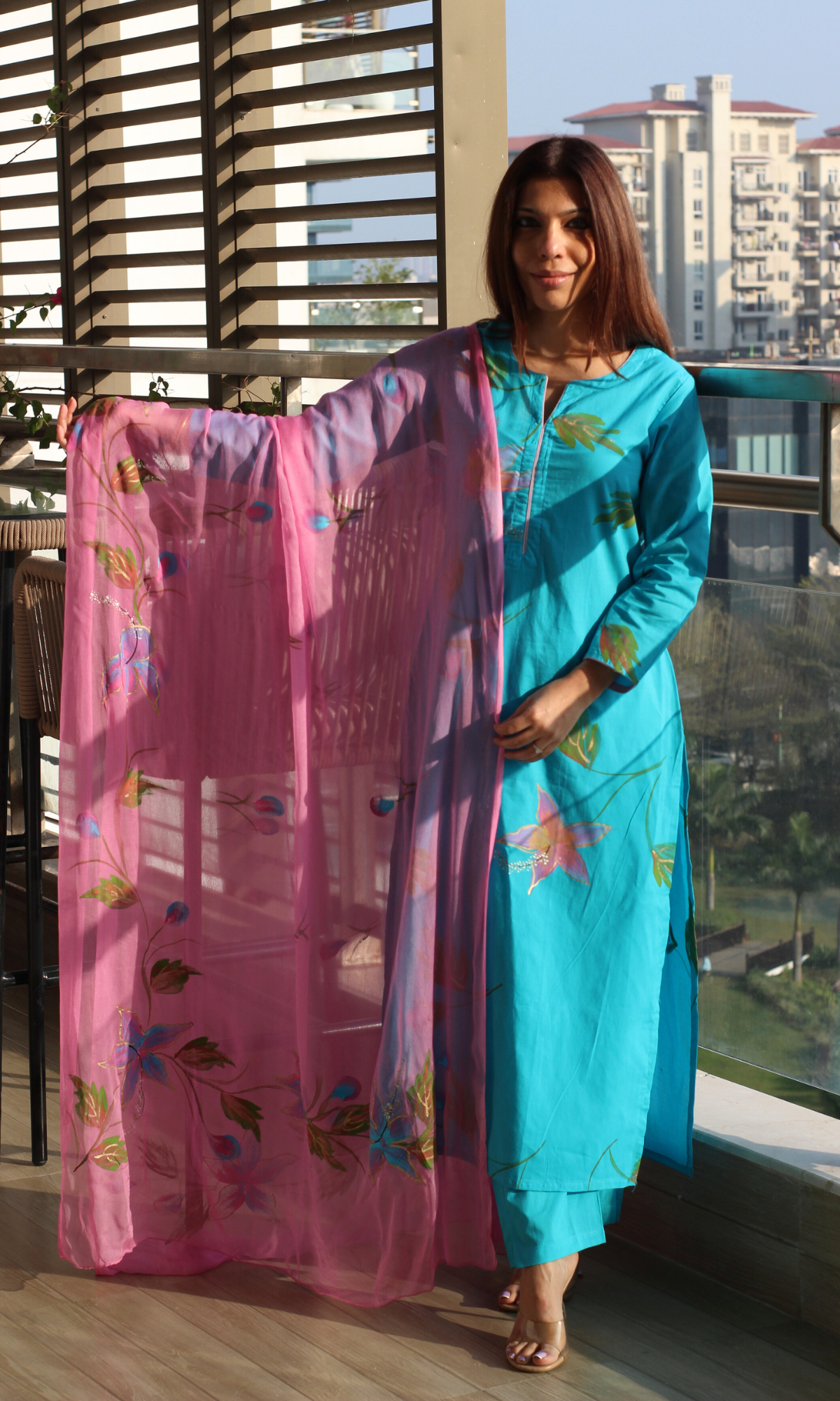 Cotton Blue & Pink  Handbrush Painted Suit with Chiffon Handpainted Dupatta