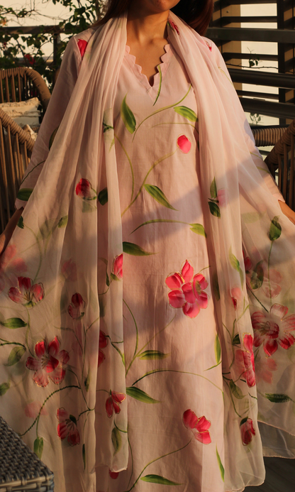 Pink & Magenta Handbrush Painted Kurta, Chiffon Handpainted Dupatta & Cotton Pants