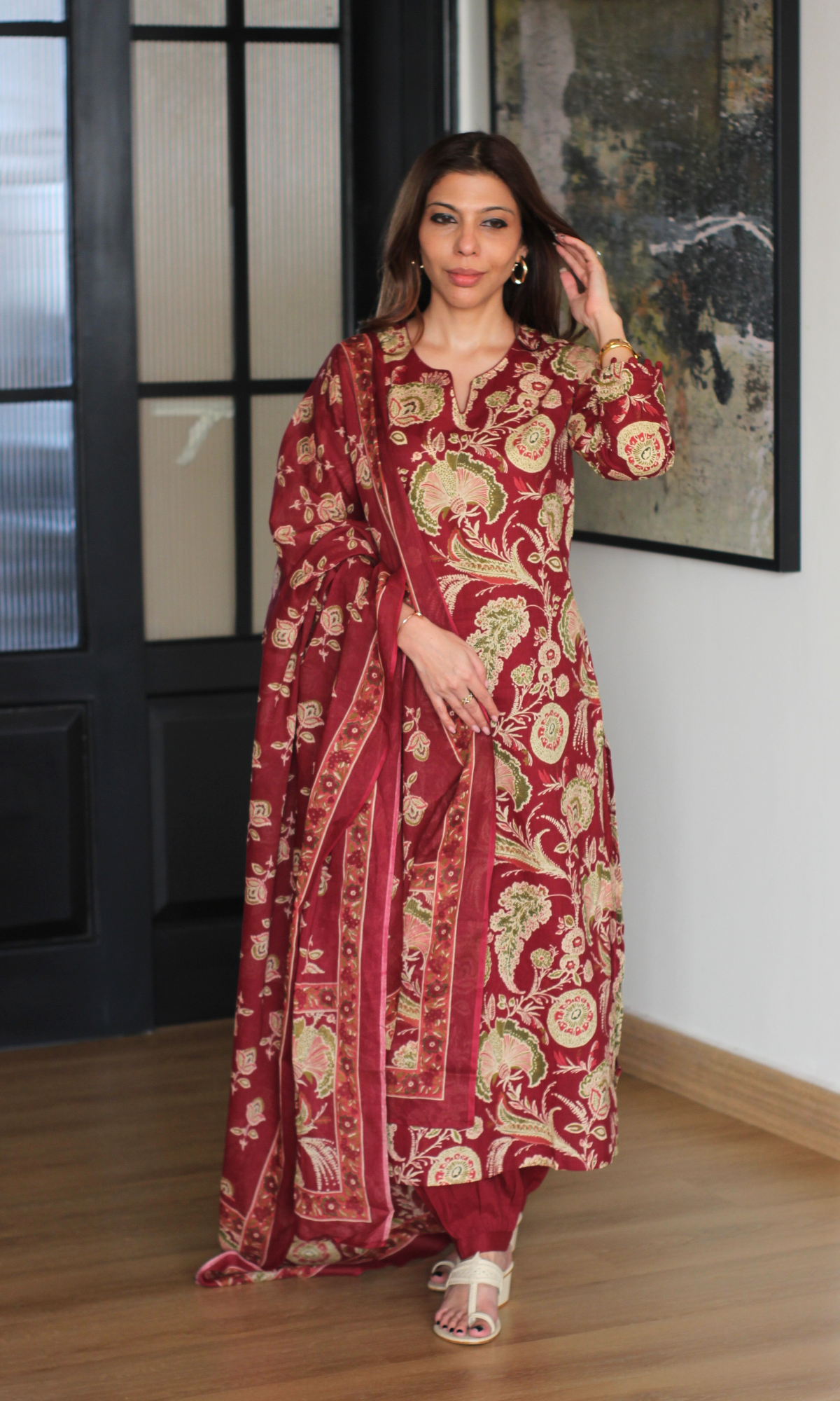 Ruhaani Ruby Block Printed Cotton Kurta, Dupatta & Afghani Style Pant