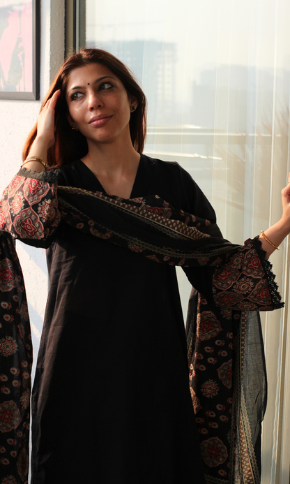 Cotton Black Kurta , Ajrakh Farshi Salwaar with Cotton Printed Dupatta