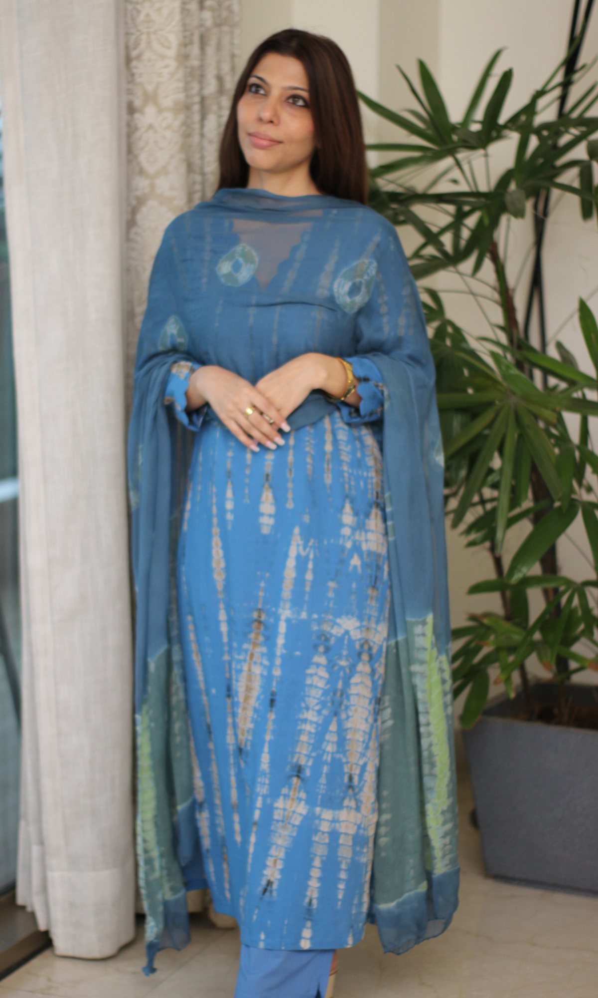 Sea Blue Tie & Dye Kurta, Cotton Pants and Printed Chiffon Dupatta