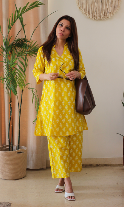 Cotton Yellow Booti Print Collared Neck Co-ord