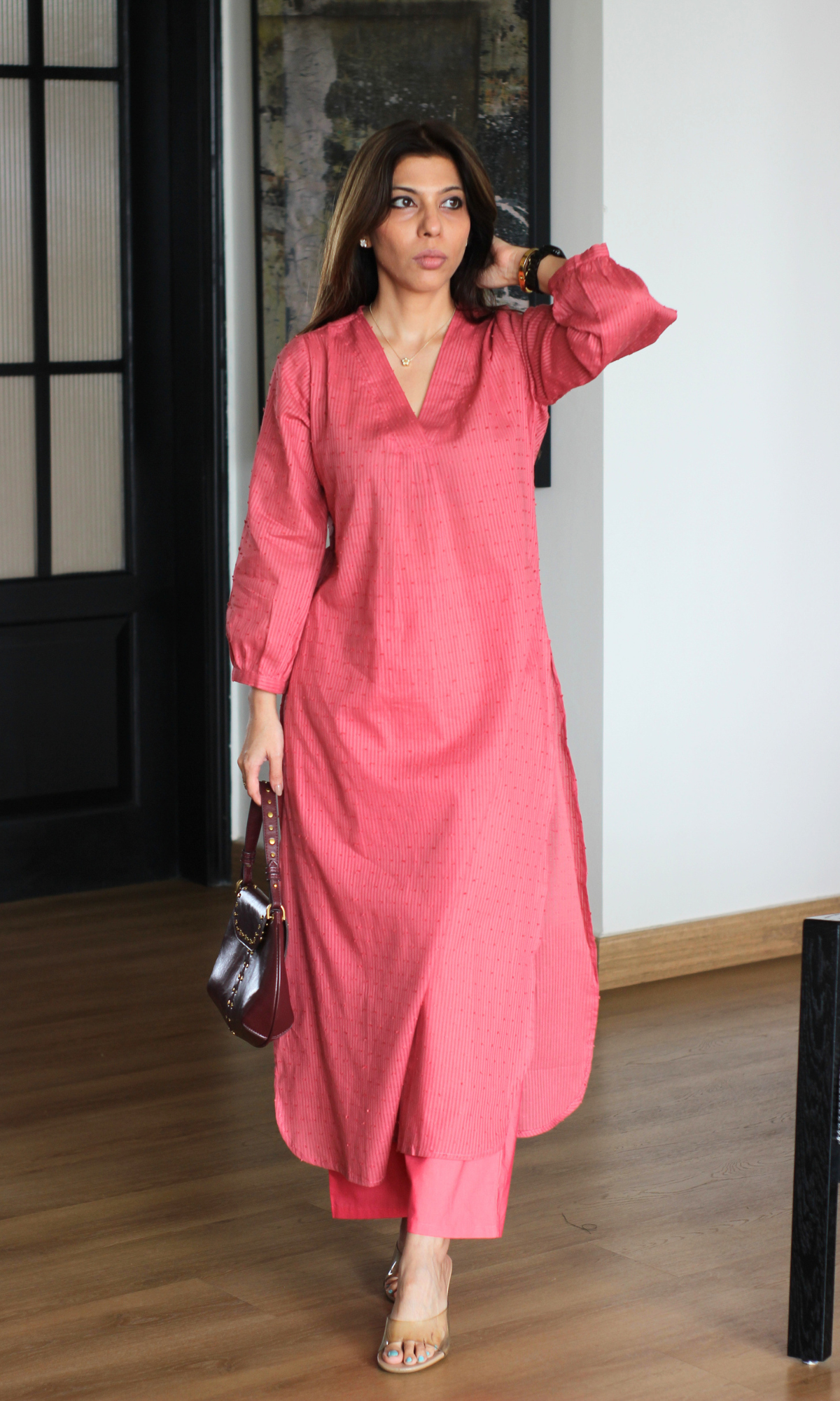 Salmon Cotton Dobby Pleated Kurta with Cotton Pants