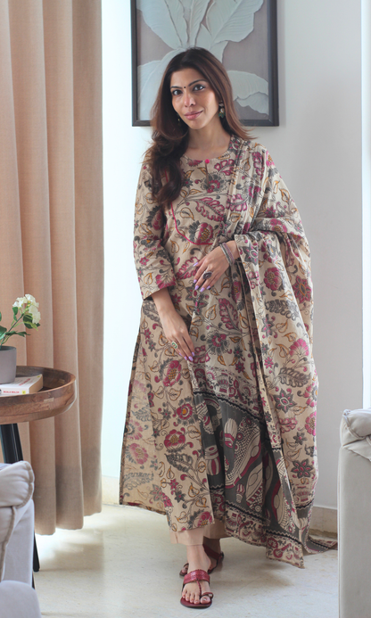 Cotton Beige & Pink Kalamkari Kurta, Cotton Pant & Cotton Kalamkari  Dupatta