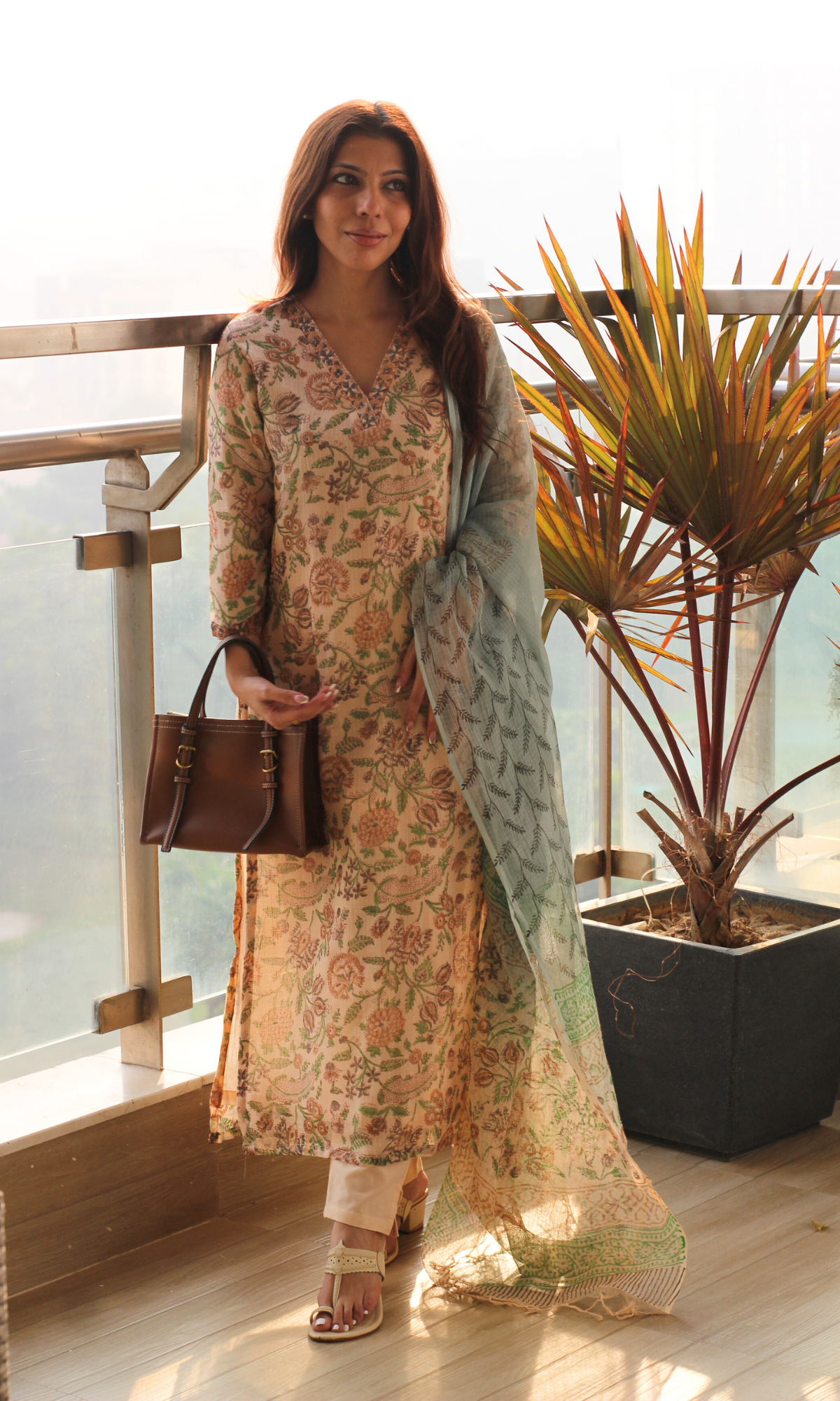 Kota Doria Beige Aqua Handblock Kalamkari Kurta, Dupatta & Cotton Pants