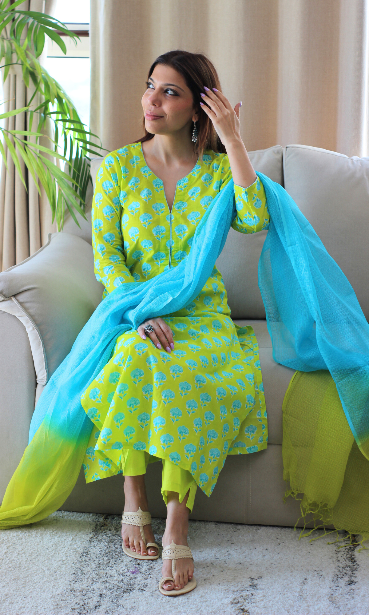 Tropical Lime Printed Kurta, Cotton Pants and Ombré Kota Doria Dupatta