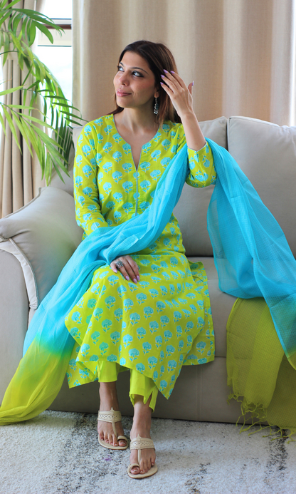 Tropical Lime Printed Kurta, Cotton Pants and Ombré Kota Doria Dupatta