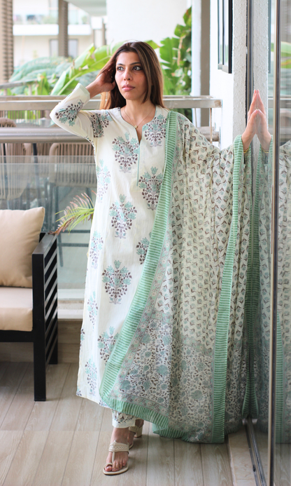 Jade Petal Mughal Print Cotton Kurta, Afghani Pant and Mul Printed Dupatta