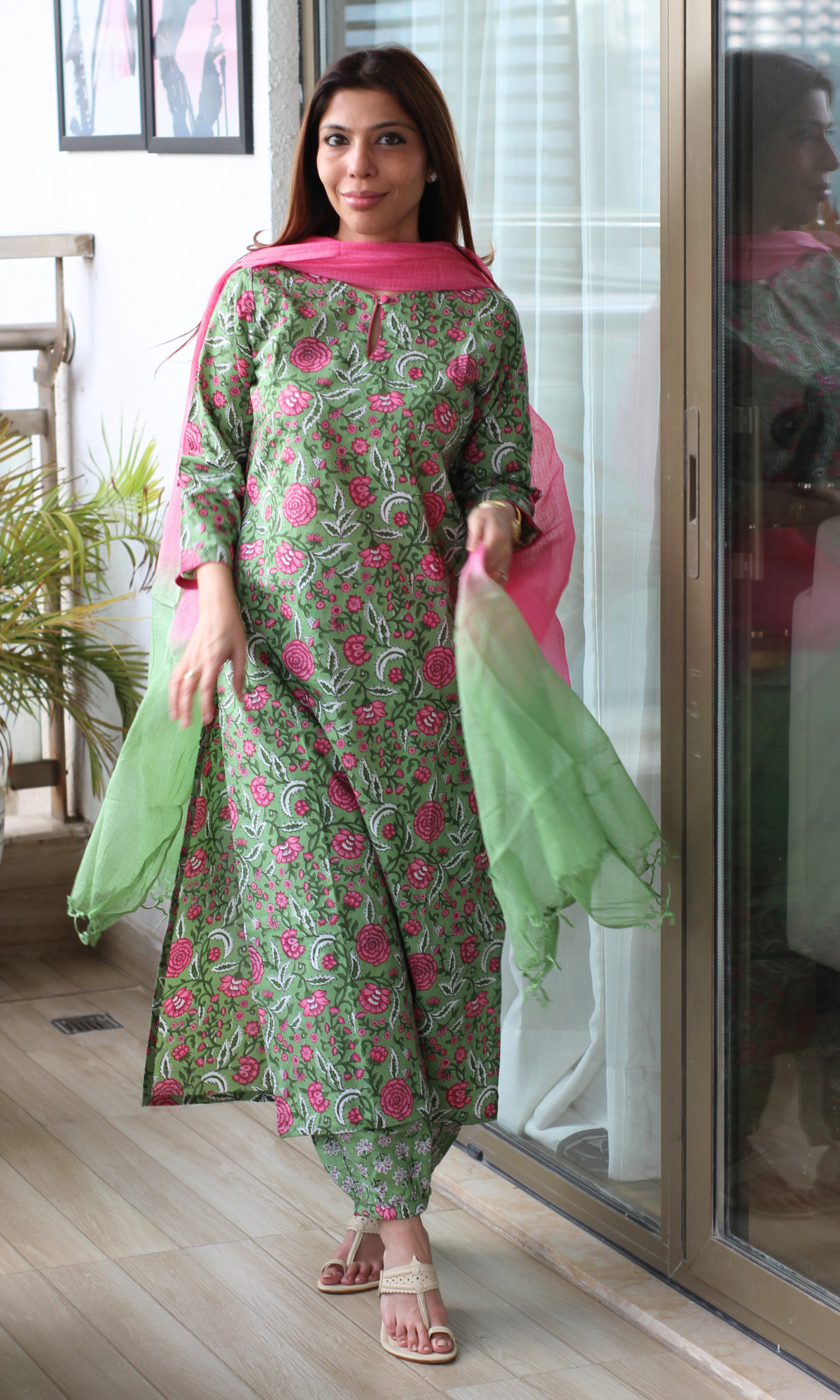 Green & Pink Block Printed Kurta, Afghani Salwaar & Ombré Kota Dupatta