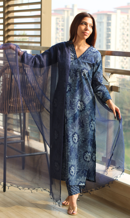 Cotton Navy Freckled Flower Printed Kurta, Pant & Kota Dupatta