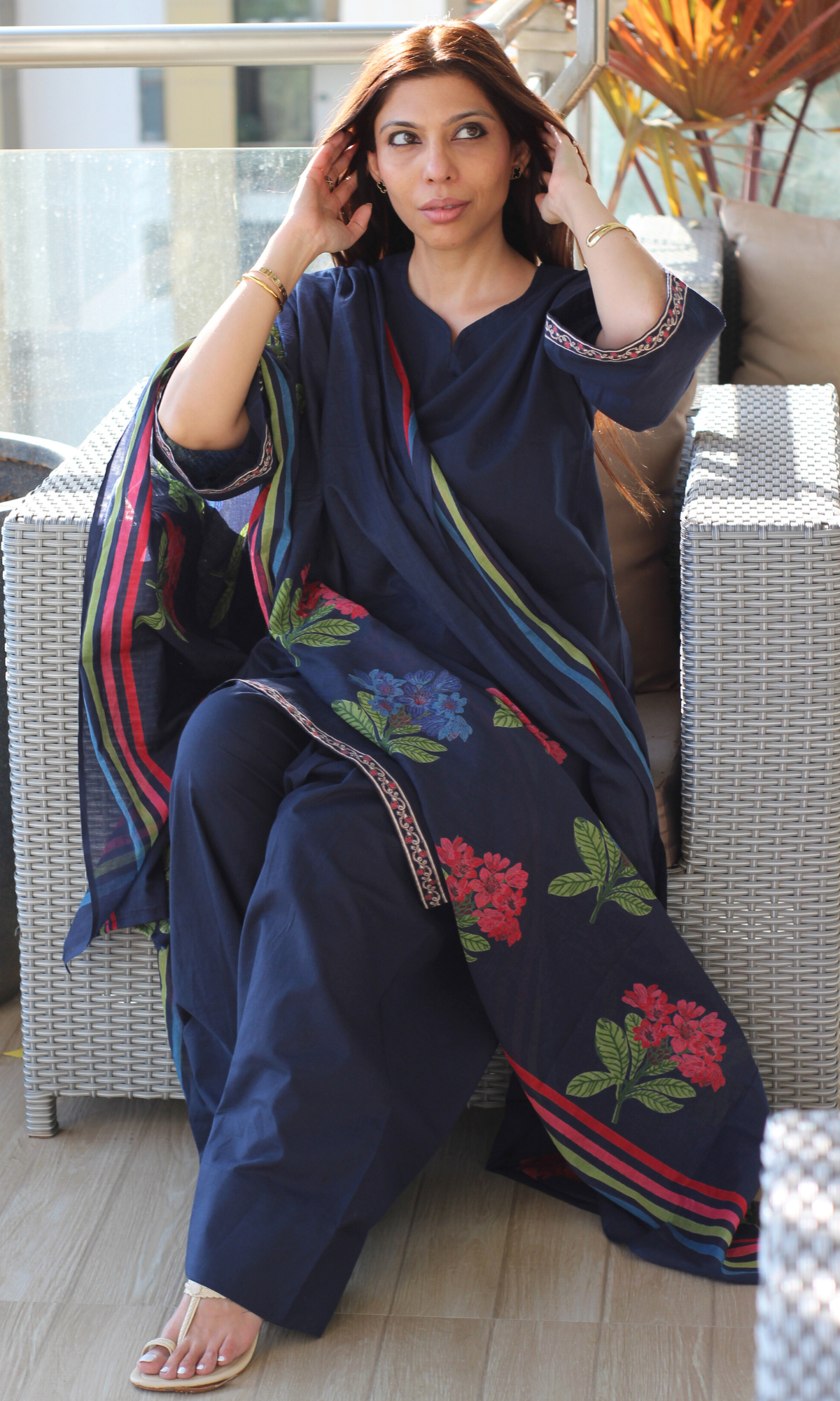 Cotton Navy Heena Kurta, Farshi Salwaar & Printed Mul Dupatta