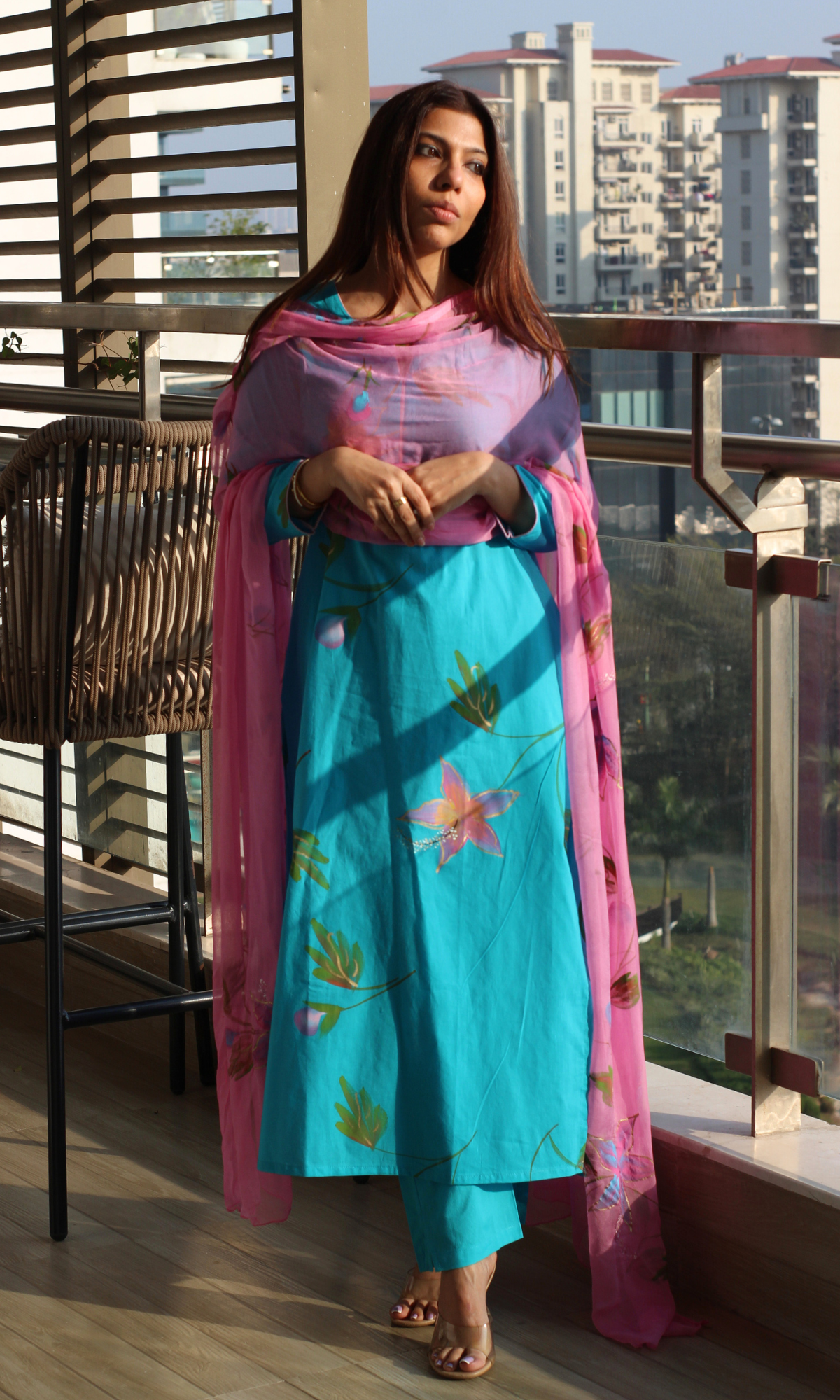 Cotton Blue & Pink  Handbrush Painted Suit with Chiffon Handpainted Dupatta