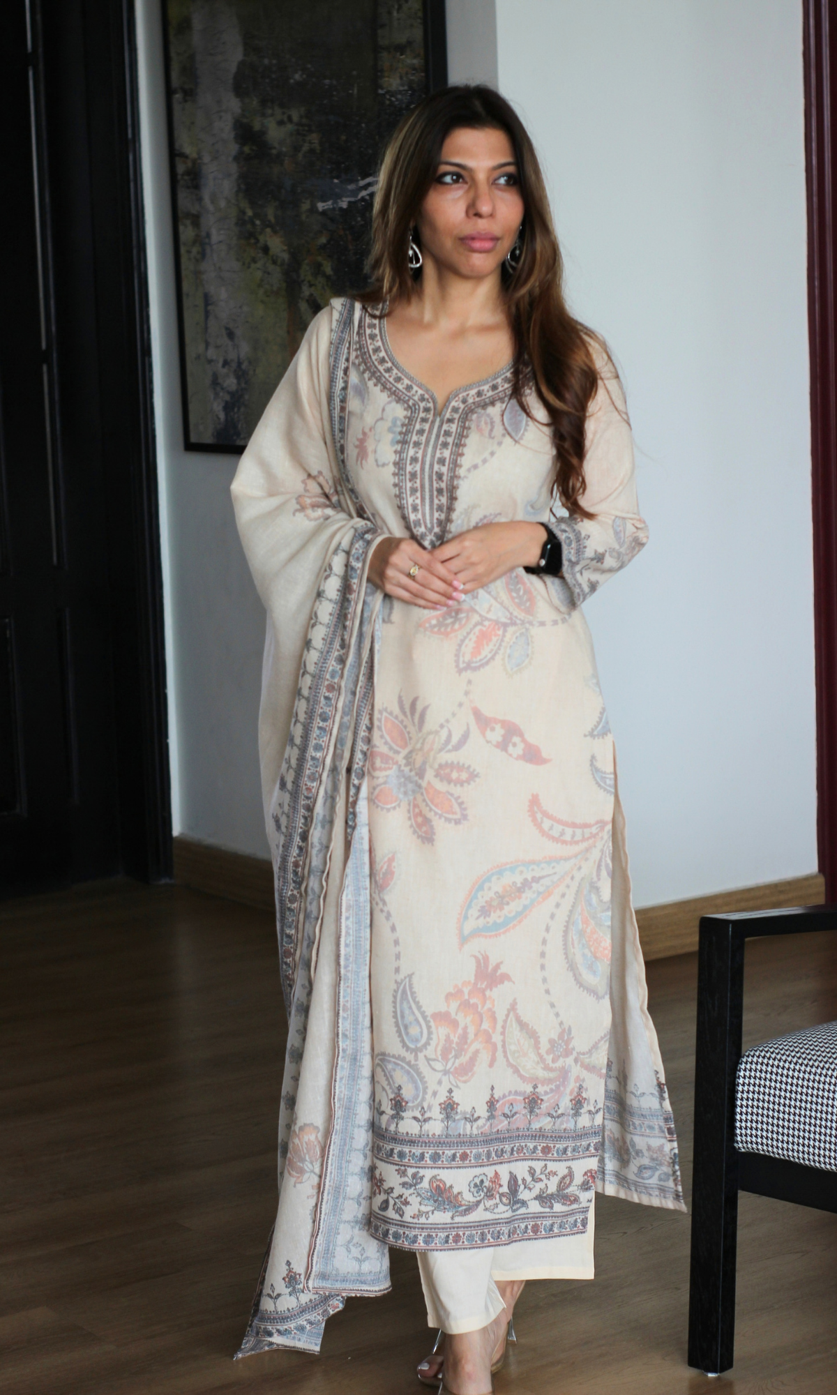 Oatmeal Woven Linen Blend Kurta, Dupatta & Cotton Pants