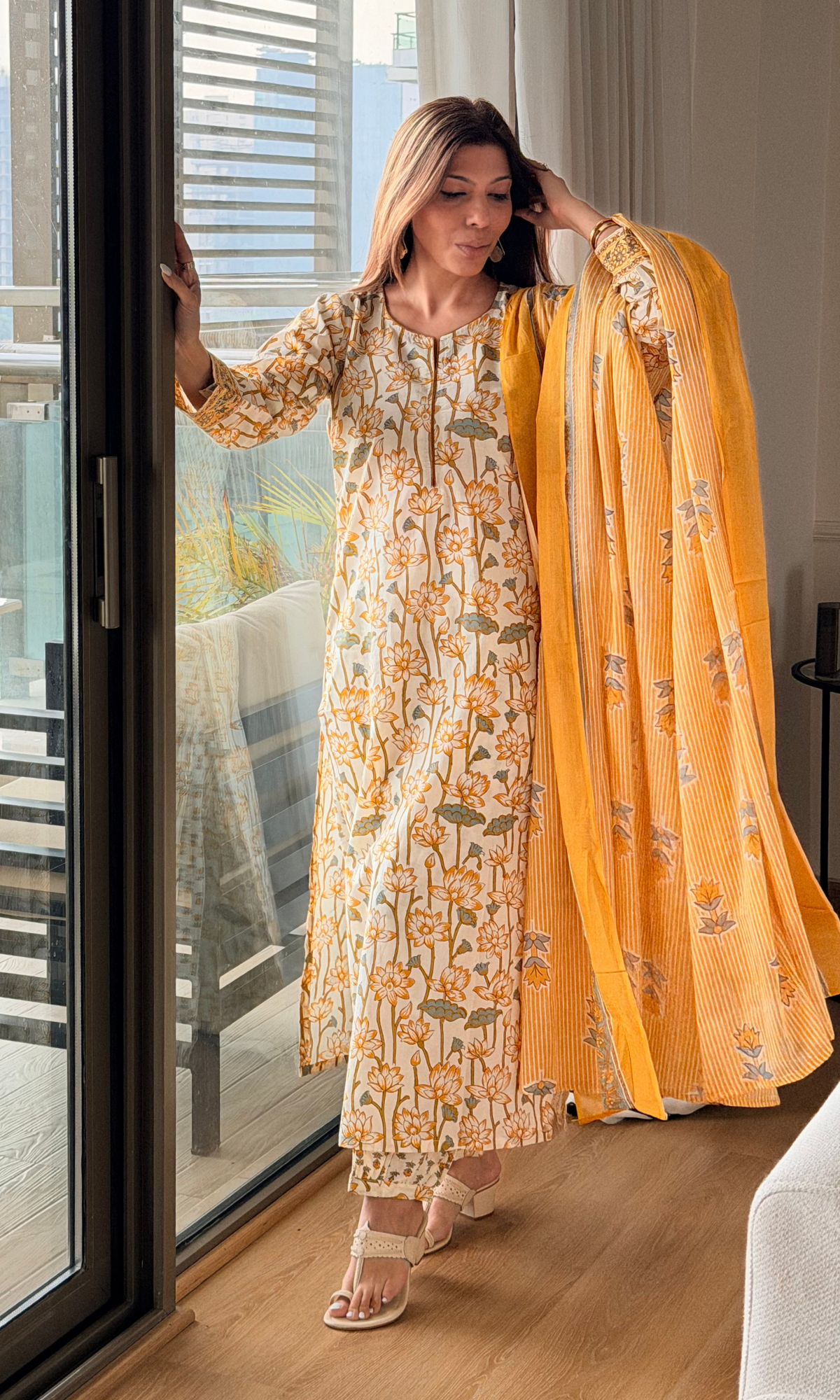 Meera Yellow Floral Kurta, Afgani Pants & Printed Dupatta