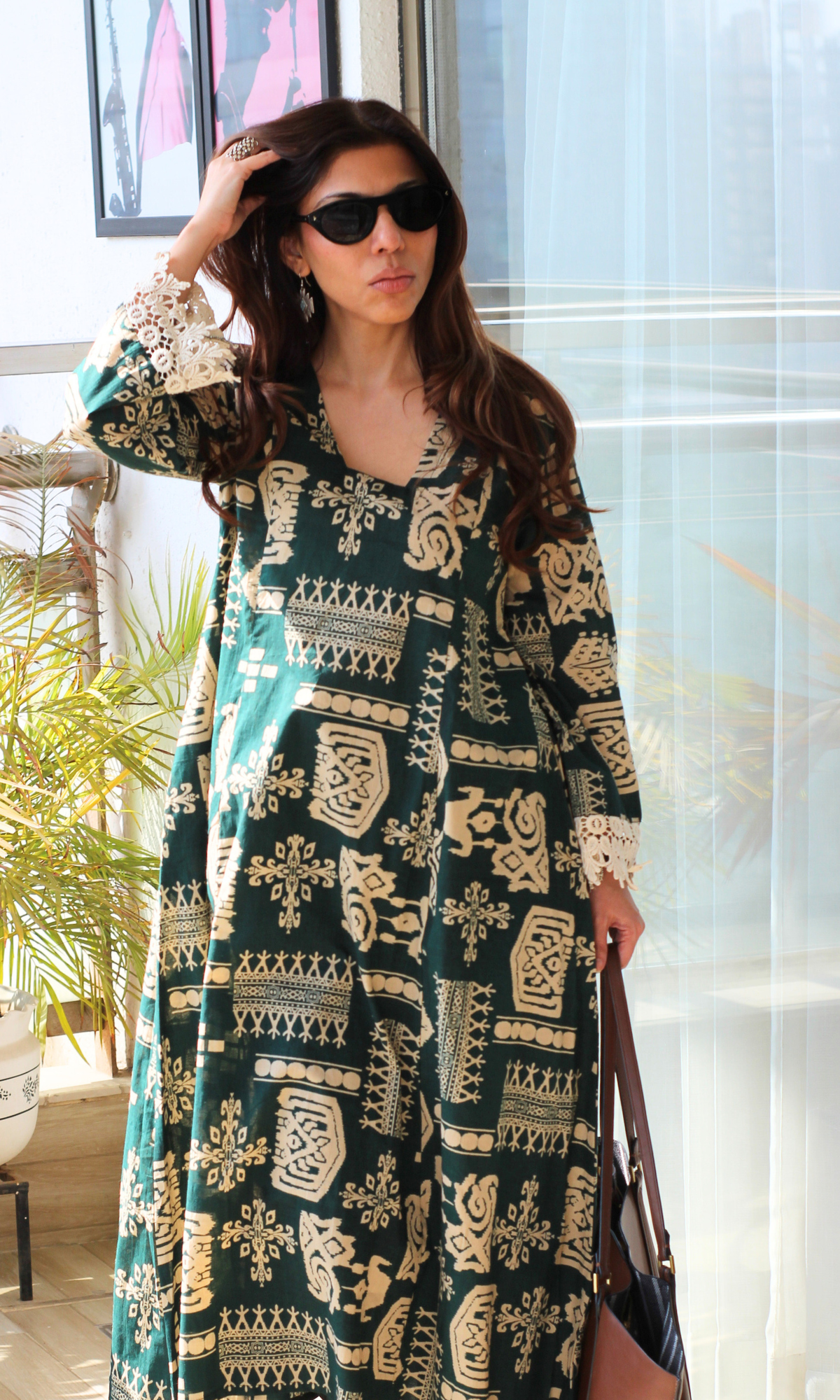 Dark Green Tribal Print Kali Kurta with Cotton Pants