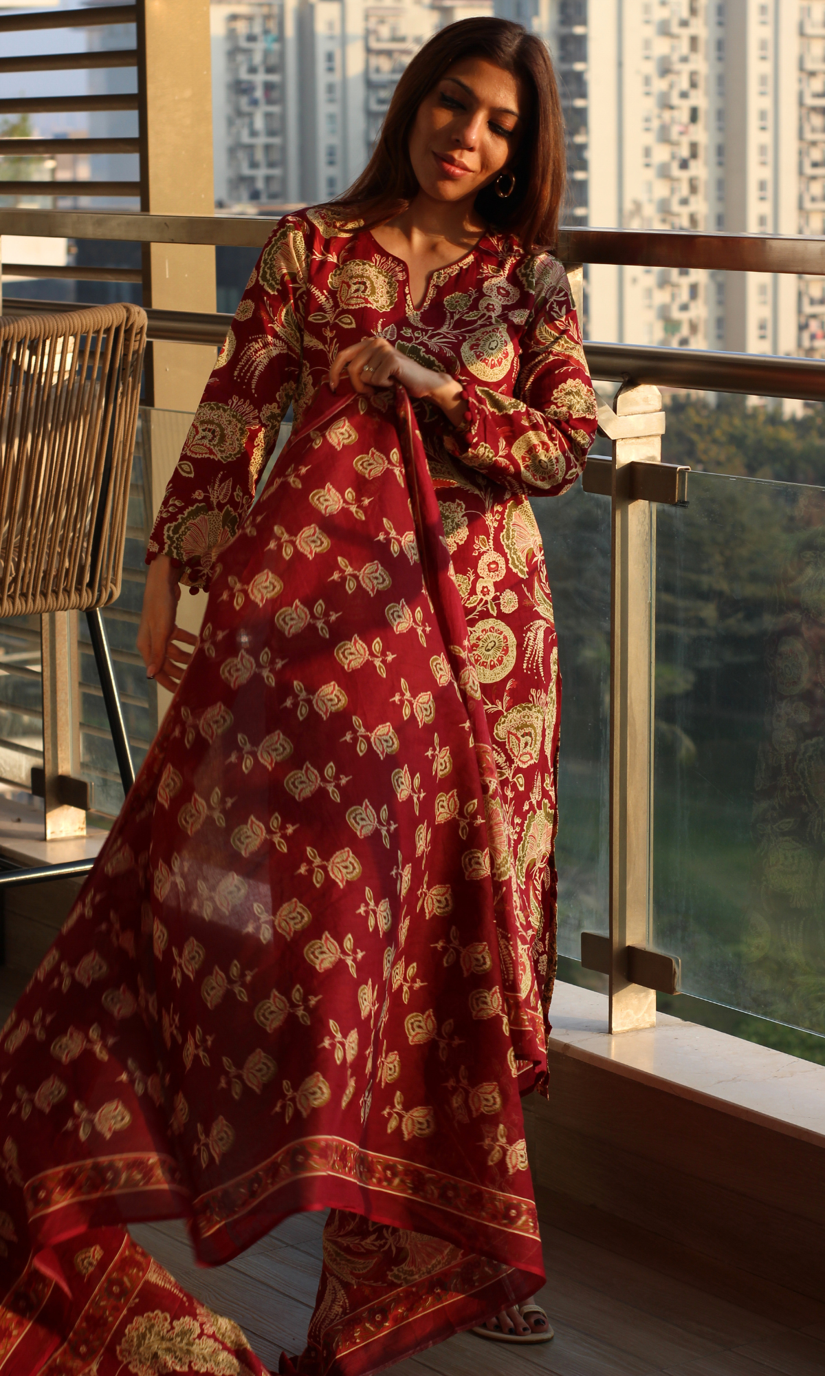 Ruhaani Ruby Block Printed Cotton Kurta, Dupatta & Afghani Style Pant