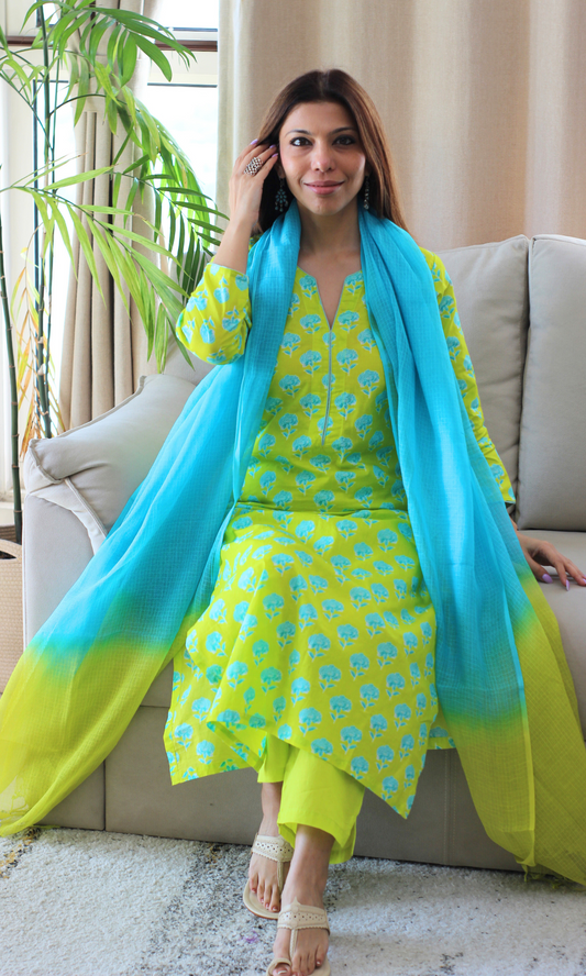 Tropical Lime Printed Kurta, Cotton Pants and Ombré Kota Doria Dupatta