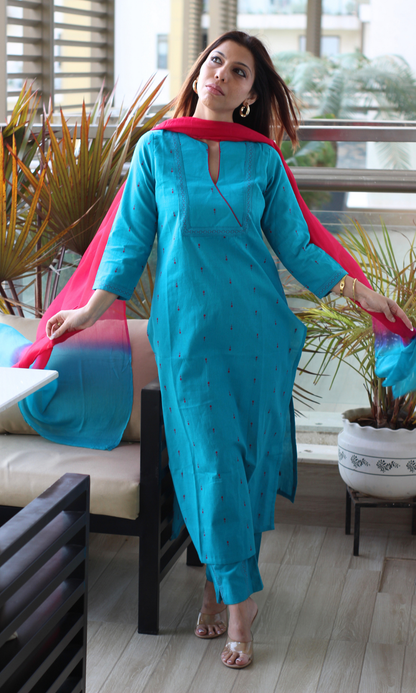 Teal Handloom Cotton Dobby Kurta, Pant & Chiffon Ombre Dupatta
