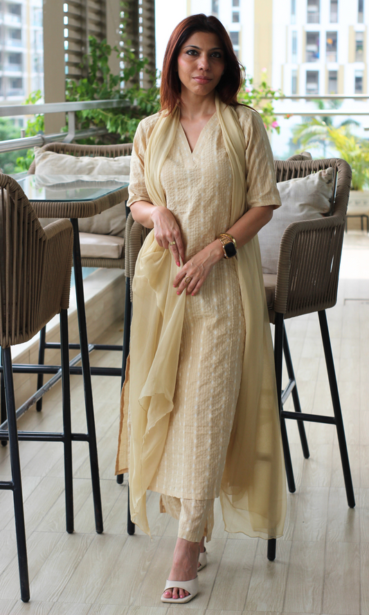 Buttermilk Beige Cotton Kantha Kurta, Pant & Chiffon Dupatta