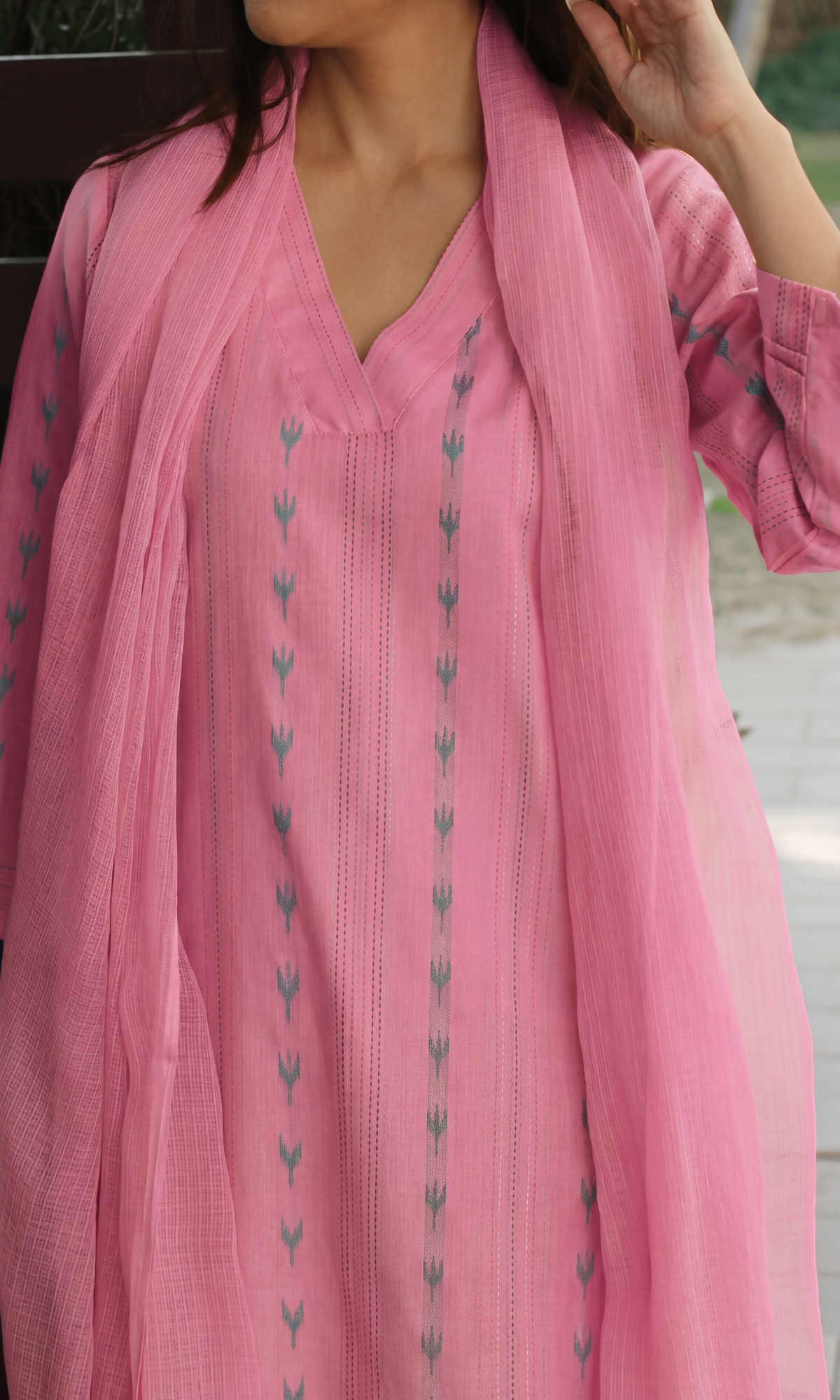 Pink Cotton Lurex Ikkat Print Suit Set with Kota Doria Dupatta