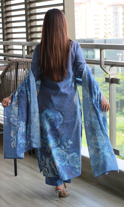 Linen Blend Blue Mist Flower Print Kurta , Dupatta with Cotton Pants