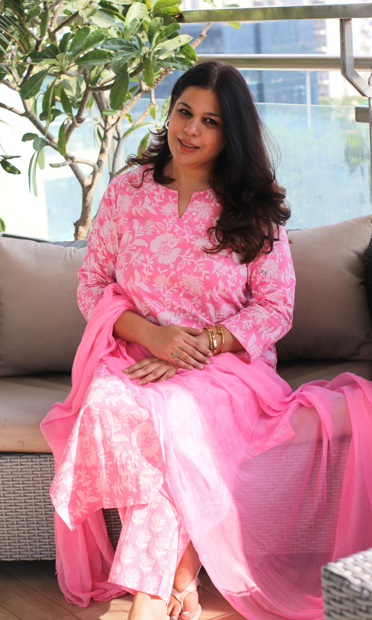 Pink Zara Cotton Printed Kurta, Pant & Chiffon Dupatta