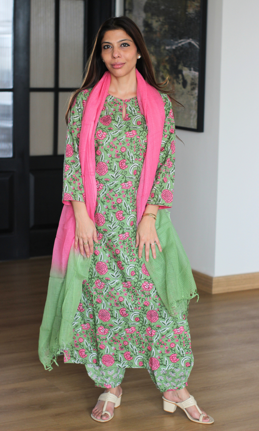 Green & Pink Block Printed Kurta, Afghani Salwaar & Ombré Kota Dupatta